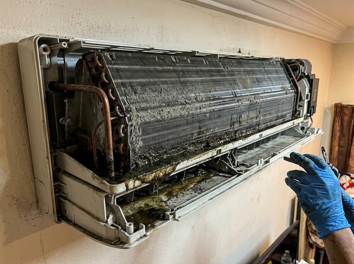 Job 3 before: heavily dirty indoor unit with casing off